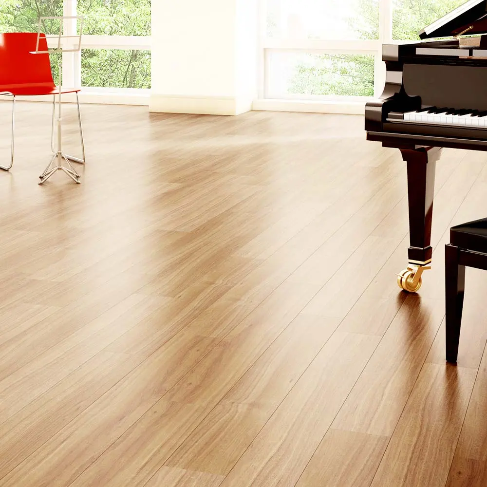 A modern, minimalist living room with a light brown PVC Flooring.