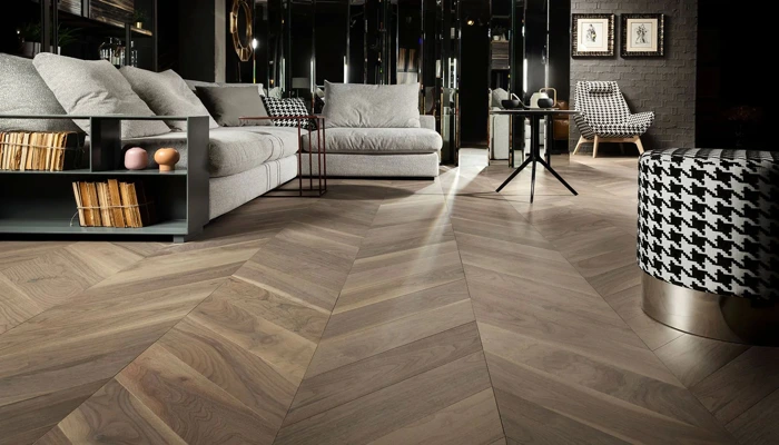 Beautiful chevron floor design featuring rich, natural wood planks and a minimalist aesthetic.