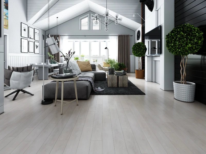 modern, open-plan living room with a light-colored PVC floor