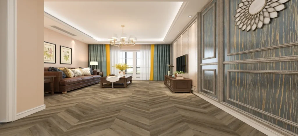 A living room featuring SPC Laminate Damy Floor in the Chevron flooring