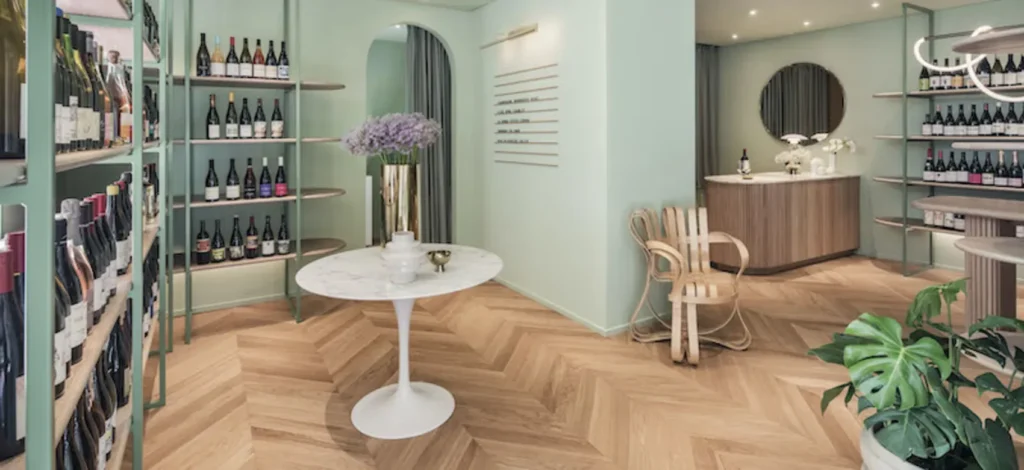 A view of the herringbone pattern of the light-toned Chevron flooring