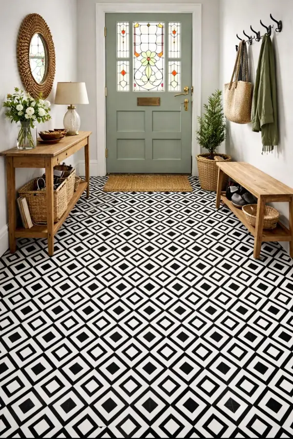 Black and white geometric vinyl flooring entryway