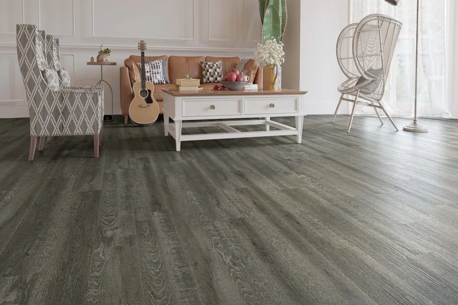Dark gray wood look vinyl flooring living room