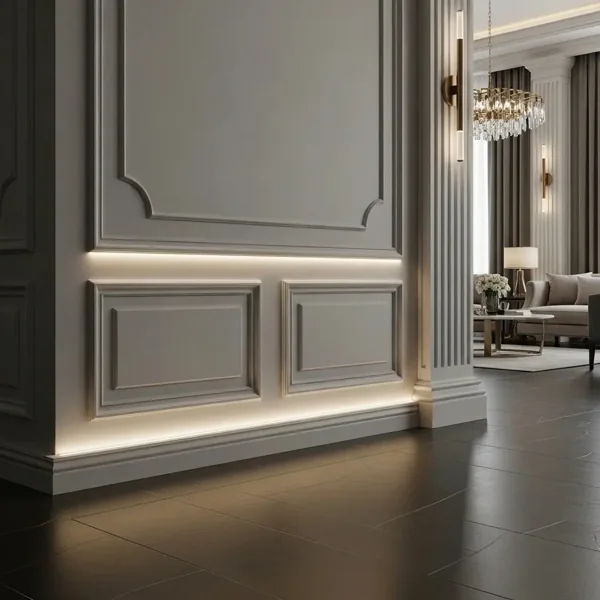 Illuminated white PVC skirting along wall