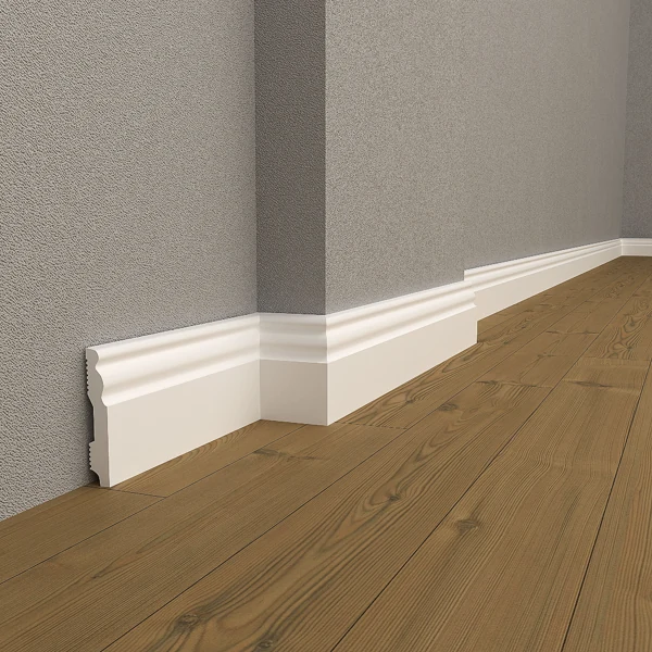 White skirt board on wooden floor