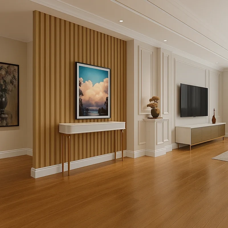 White skirting along wooden paneled wall