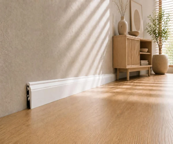 White skirting board along sunlit wall