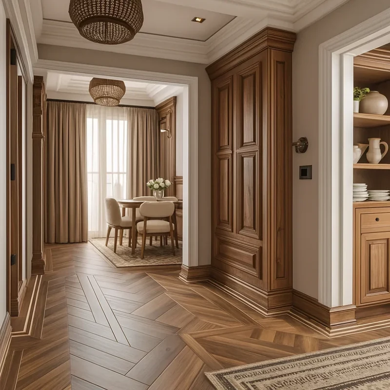 Wooden skirting along dark parquet flooring